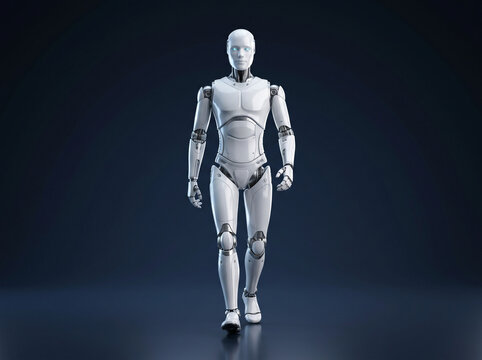 White Humanoid Robot Walking Forward Front View on Dark Blue Studio Background 3D Render