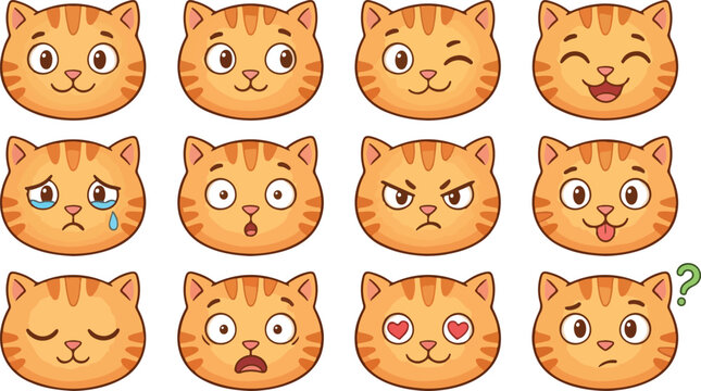 Cat faces, emoticon set, orange tabby emojis, vector icons