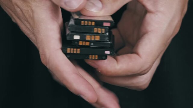 Close-up shot of hands holding and rotating a stack of old used lithium-ion batteries from mobile phones. The theme focuses on electronic waste and recycling.