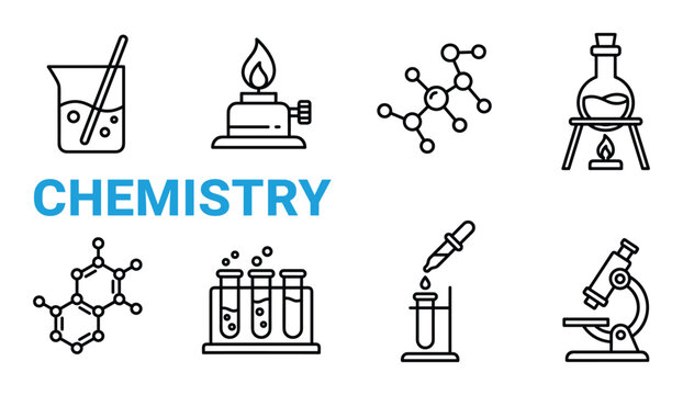 Chemistry lab icons for scientific experiments, beaker with bubbles, burner, molecular structure, flask on stand, benzene ring, test tubes, dropper, microscope.