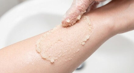 Fototapeta premium Spreading granular body scrub on smooth skin macro