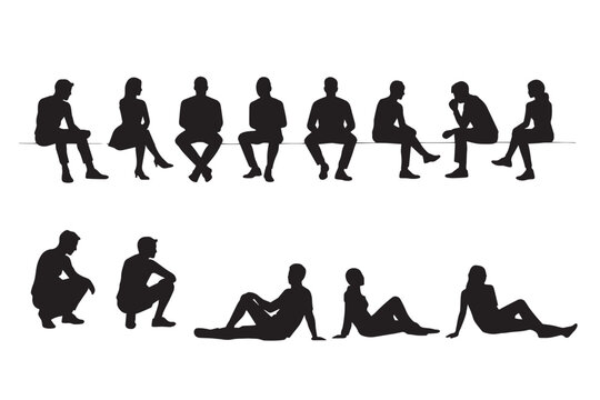 Black silhouettes of people sitting and lounging, set of 13 human figures in various poses, vector collection of men and women for architectural visualization