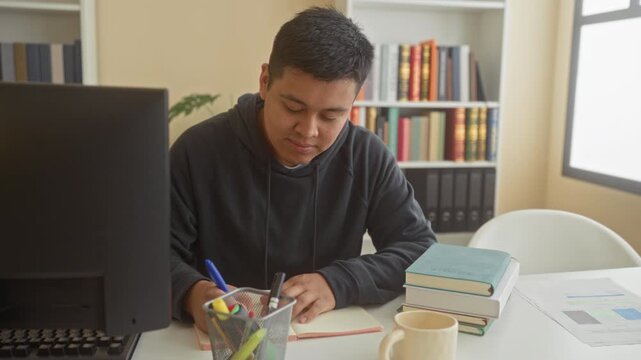 Man writing with pen at desk in library, stack of books, monitor and papers visible, smiling while studying and taking notes; focused study.