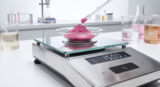 Modern scale weighing pink mica pigment in cosmetic lab