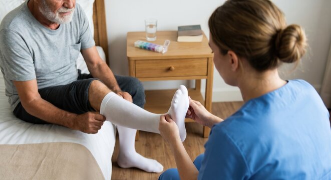 Nurse helping senior man with compression stockings at home