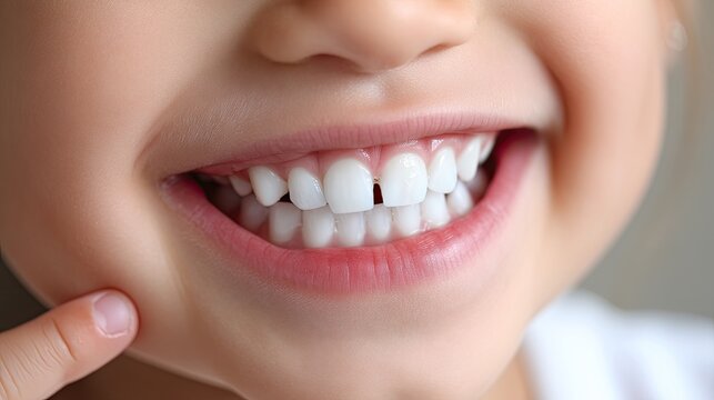 Child shows open mouth with missing tooth and healthy gums from high angle, with finger gently pulling down lower lip to expose teeth and gums
