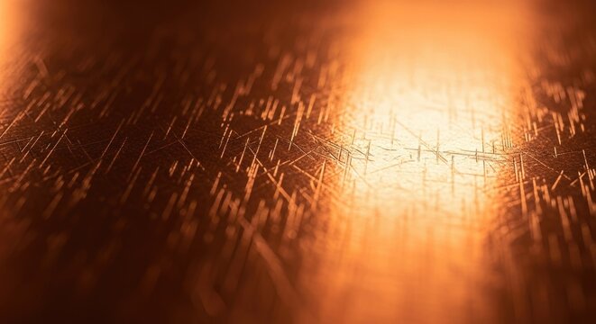 A close-up of a metallic surface with a golden hue, featuring a reflective surface and a pattern of small, jagged lines.