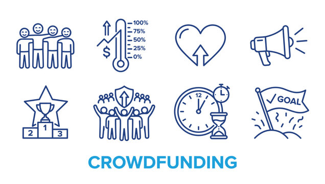 Crowdfunding concept icons: happy people, thermometer chart, heart growth, megaphone, award, teamwork, clock, goal flag.