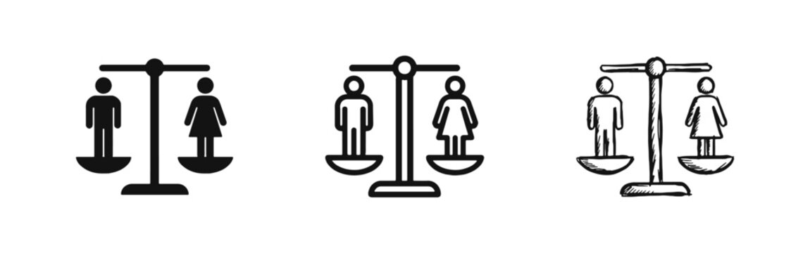 Gender Equality and Justice Icon Set Featuring Scales and Human Figures