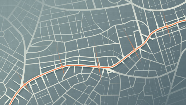 Dark Teal Street Map Displaying Orange Curved Route Line With Circular Checkpoint Markers