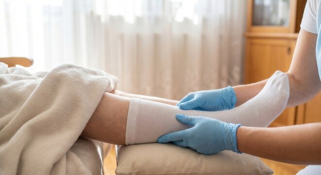 Caregiver smoothing compression sock on senior leg