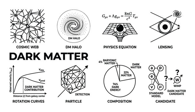 Dark matter abstract infographics showing cosmic web dark matter halo physics equation and lensing phenomena.