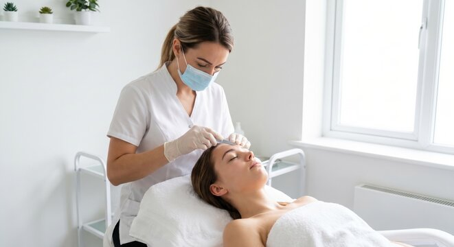 Beauty therapist performing dermaplaning treatment on young woman