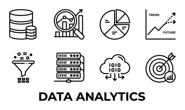 Data analytics icons for business and technology including database chart magnifying glass pie chart trend.