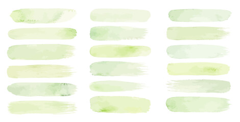 A charming watercolor set of green brush strokes featuring soft pastel paint swatches with delicate textured edges illustrated in a natural hand painted style. © liana