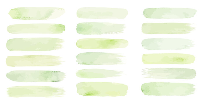 A charming watercolor set of green brush strokes featuring soft pastel paint swatches with delicate textured edges illustrated in a natural hand painted style.