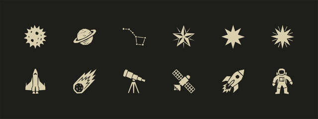 Minimalist space exploration icons set with rocket ship, telescope and planets © thetwelvesense