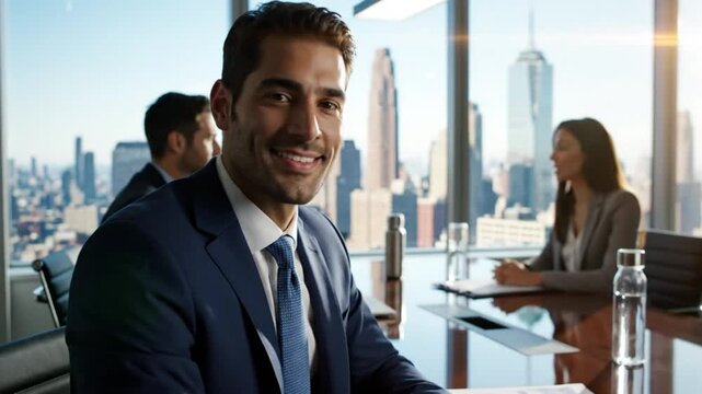 Focused Business Professional Smiling in Modern Office Meeting with City Skyline Views for Corporate Success