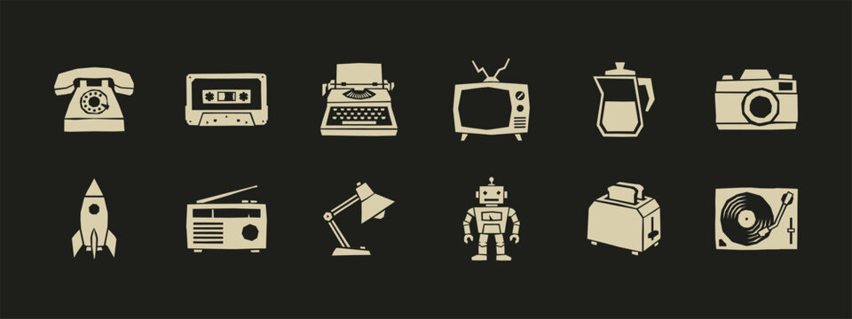 Retro vintage technology icon set including television camera typewriter radio and turntable isolated elements