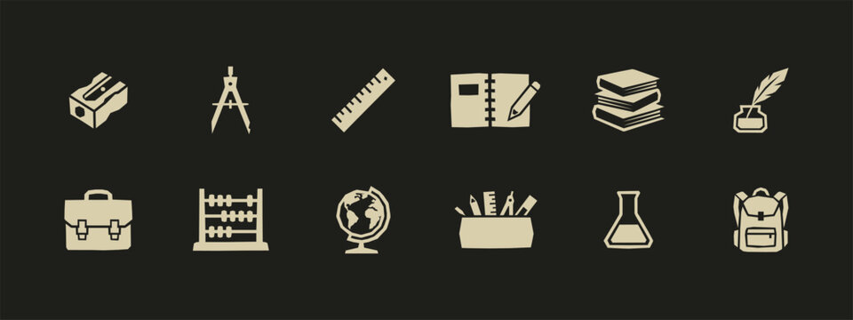 Set of vintage school supplies and education icons with globe backpack books and stationery