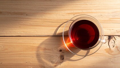 Fototapeta premium A cup of black tea on a wooden background. Top view. Copy space.