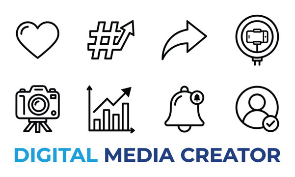 Digital media creator icon set linear style social marketing blogger content production line design.