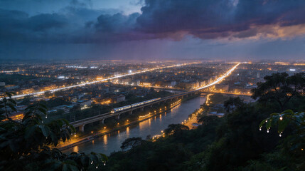 Obraz premium City background with aerial night view of urban landscape featuring illuminated highways, river bridge and glowing city lights in rainy atmosphere