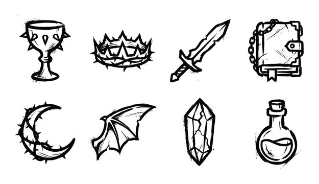 Fantasy game icons for magical objects and fantasy game items chalice crown sword book moon bat crystal potion.