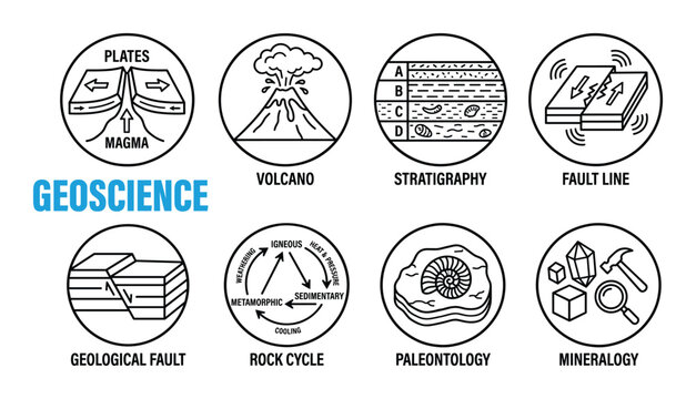 Geoscience icons illustrating plates volcano stratigraphy fault line geological fault rock cycle paleontology.