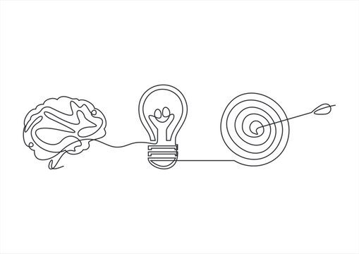 Business strategy and innovation concept with brain light bulb and target. Continuous line drawing