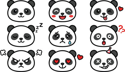 Cute panda faces, emoticon stickers, cartoon expressions, vector icons © MDEMON