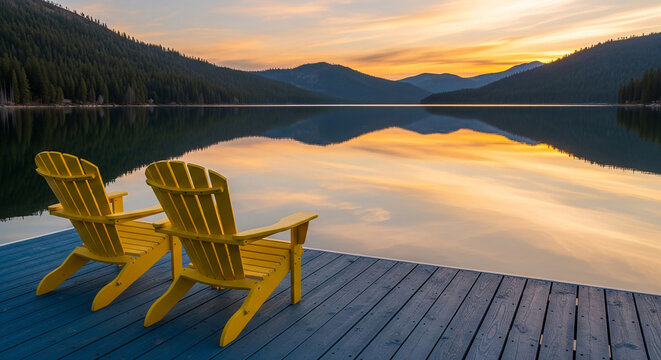 Two yellow chairs on a dock facing a beautiful sunset lake perfectly for romantic getaways and peaceful travel holidays