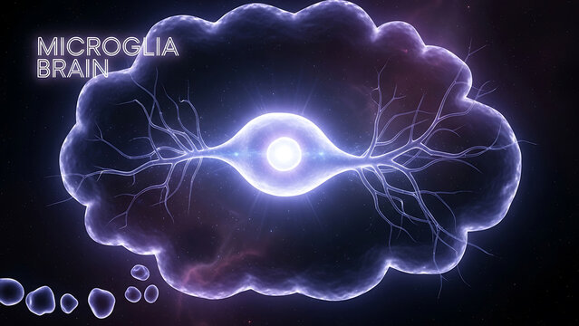 Microglia brain cell neuron glowing purple with extensions and smaller cells on dark background
