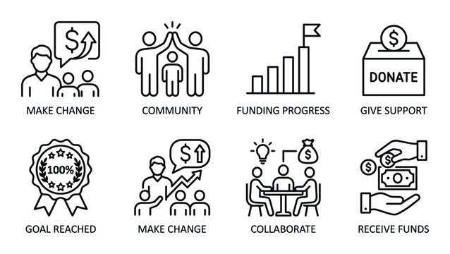Set of icons representing fundraising and financial progress with related concepts like donations and teamwork.