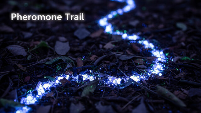 Blue glowing pheromone trail on forest floor with leaves and twigs  insect communication pathway in nature  science concept