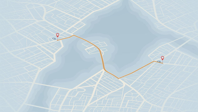 Stylized map showing orange route connecting two red location pins across water body