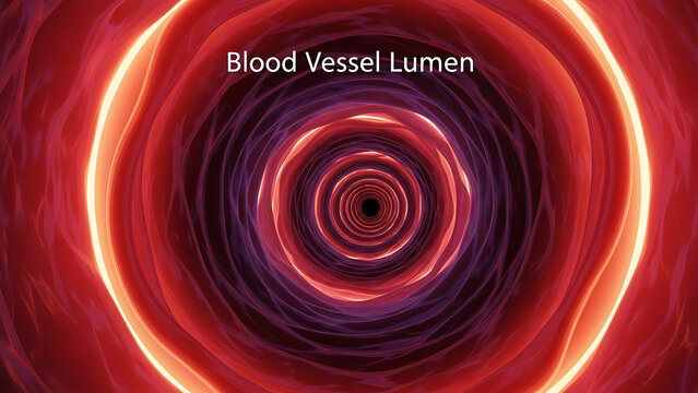 Blood vessel lumen medical illustration of a swirling red and purple tunnel representing a blood vessel with a glowing inner lining  anatomy of blood circulation