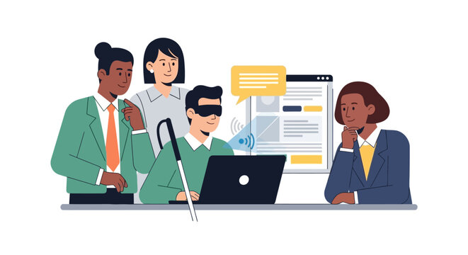 Diverse Team Promoting Digital Accessibility and Inclusive Collaboration with Visually Impaired Professional Using Assistive Technology
