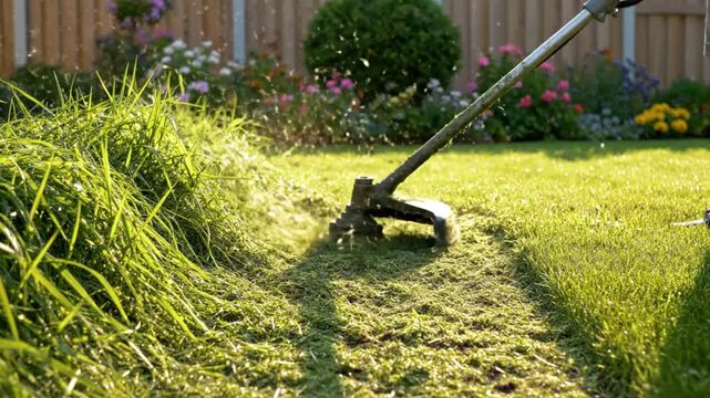 String trimmer cutting grass in a sunny garden, creating a pathway through the lawn with fresh clippings
