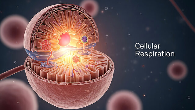 Cellular respiration process inside a cell with glowing mitochondria and organelles in a biological system