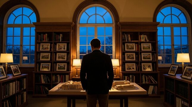 Man standing in a quiet library at dusk facing a display table, warm lamps glow against blue window light, mood feels reflective and scholarly