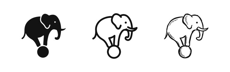 Circus Elephant on Ball Icon Set - Performance and Balance Concept in Solid, Outline, and Hand-Drawn Styles © drawing lines