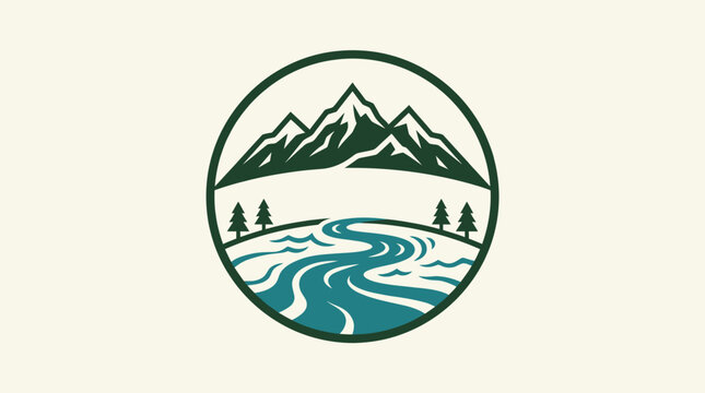 Scenic logo featuring mountains, river, and pine trees, ideal for outdoor adventure branding
