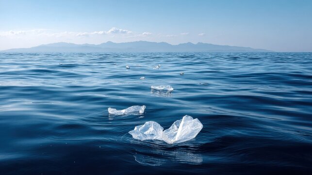 Pollution of Ocean Surface with Plastic Waste and Clear Water Reflection