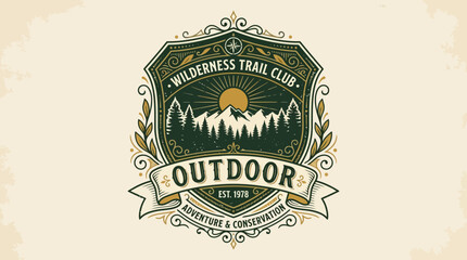 Vintage emblem representing the Wilderness Trail Club, showcasing mountains and sun, ideal for outdoor adventures © bhinar
