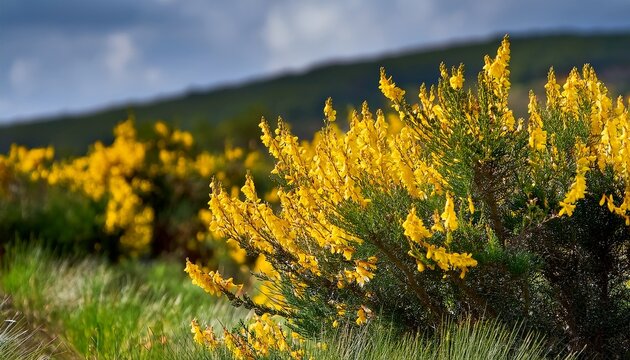 cytisus scoparius common broom shrub with yellow flowers selective focus
