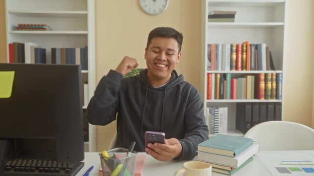Man smiling while holding smartphone at desk surrounded by books and keyboard in a building library study area; study break contentment.