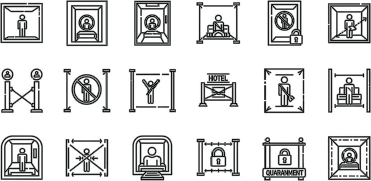 Quarantine and Social Distancing Line Icon Vector Set with Isolation Safety Restricted Area and Pandemic Protection Symbols