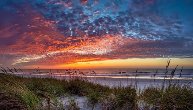 sunrise at st augustine beach showing sea oats and nice colorful clouds