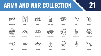 army and war collection. outline icon set. linear vector for ui, web and mobile. thin line pull up, dog tag, plane icons. © Farahim